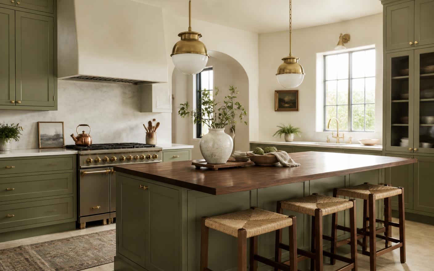 Remodeled kitchen with sage green cabinetry and a large island